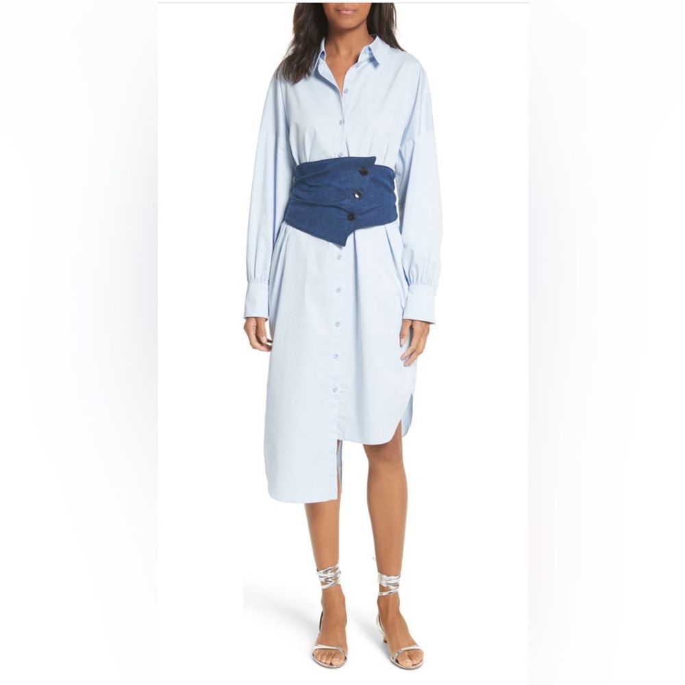 Tibi XS Corset Shirtdress Blue Cotton Poplin Midi Dress - Picture 11 of 12
